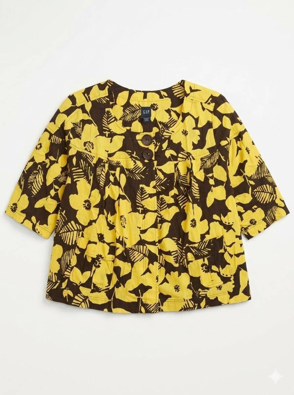 🇬🇪🔹️Vintage Basic Editions Yellow & Brown Floral Linen Blend Cropped Swing Ja